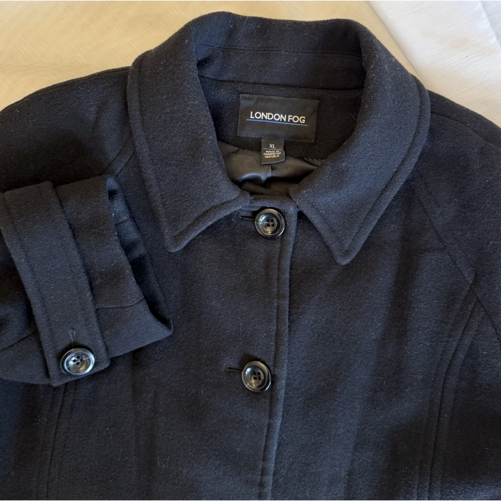 London Fog Black Wool‎ Blend Pea Coat XL Button Front Heavyweight Winter Jacket
